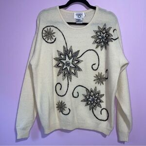 Vintage Cervelle Beaded Snowflake Pullover Sweater Women L Wool Angora Holiday